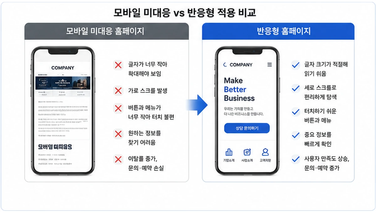 모바일 미대응 홈페이지와 반응형 홈페이지 사용성 비교