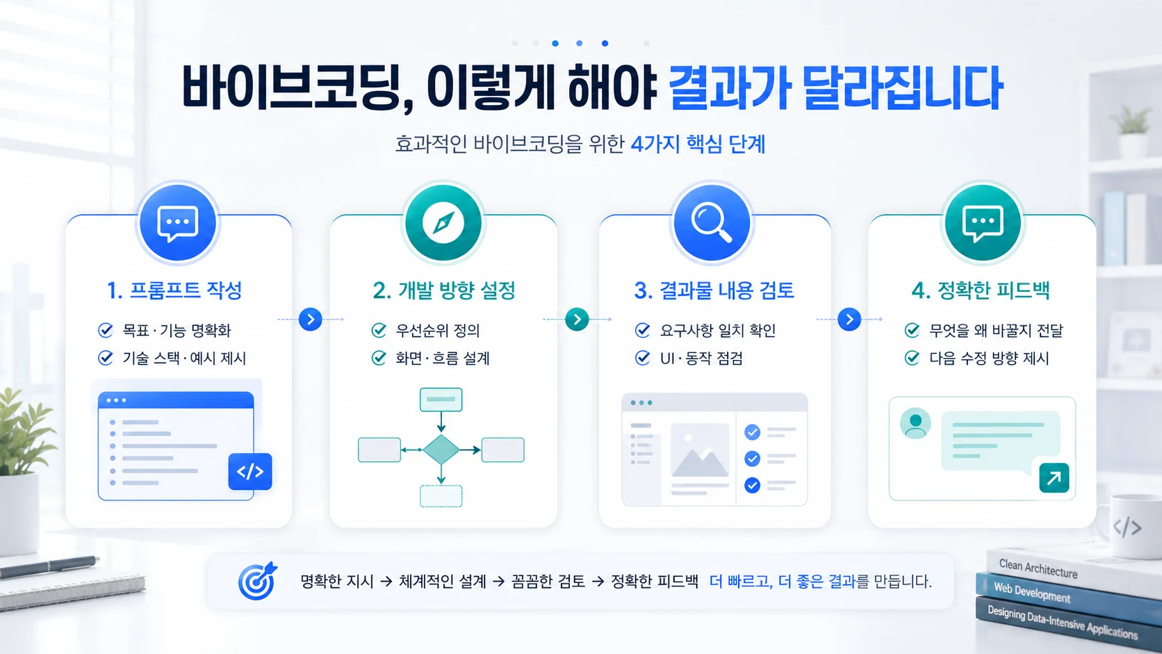 프롬프트 작성, 개발 방향 설정, 결과물 검토, 정확한 피드백으로 이어지는 바이브코딩 4단계